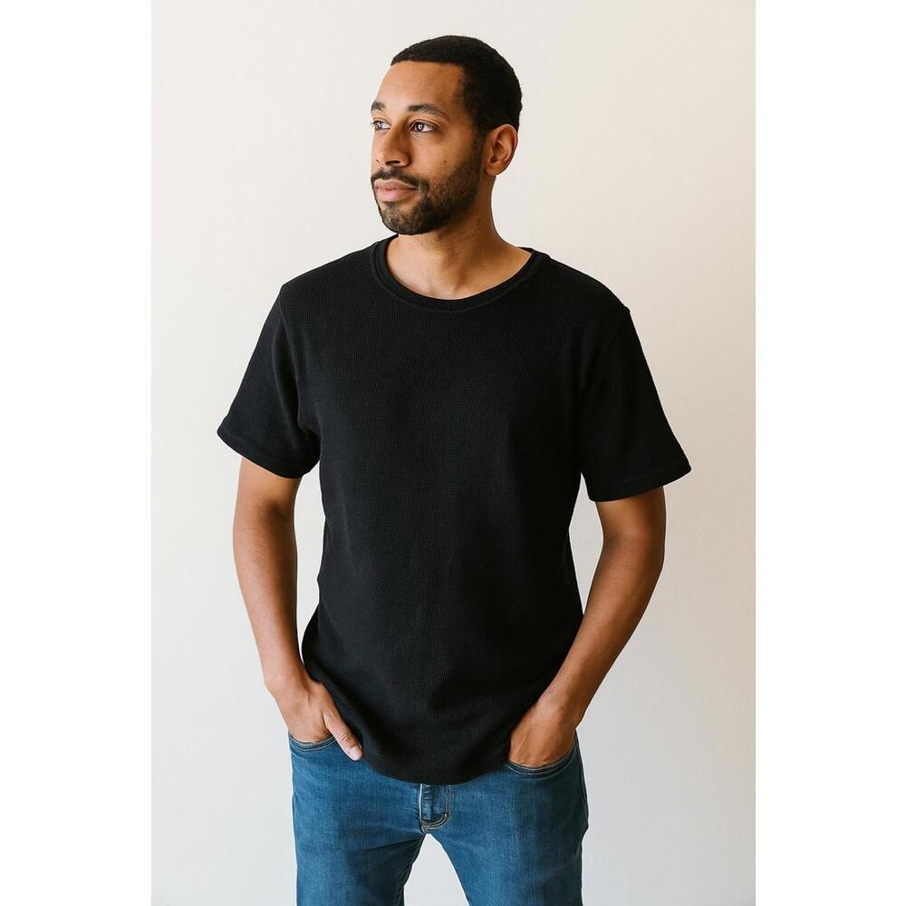 Kolby Classic Black Men's Henley Waffle Knit T-Shirt - Medium